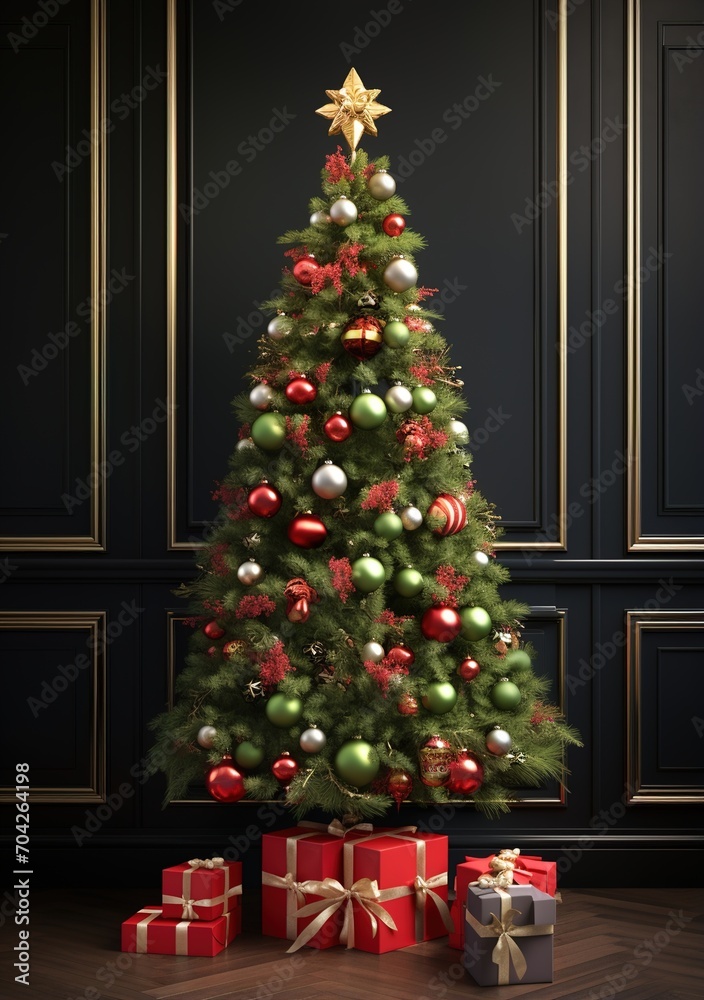 Ornate Christmas tree with red and green ornaments and presents