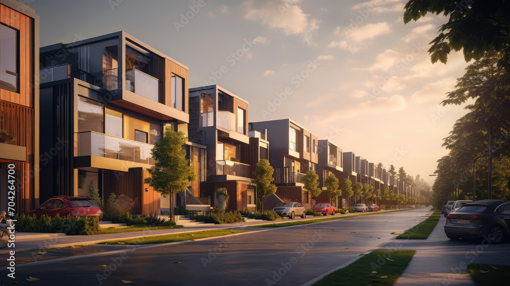 The charm of urban living through this depiction of private townhouses, where modern modular design meets sophisticated residential aesthetics.