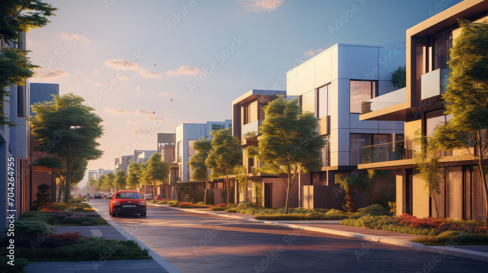 The allure of a stylish neighborhood with this image of a street lined with chic, modern townhouses, highlighting the beauty of urban residential architecture. The allure of a stylish neighborhood with this image of a street lined with chic, modern townhouses, highlighting the beauty of urban residential architecture.