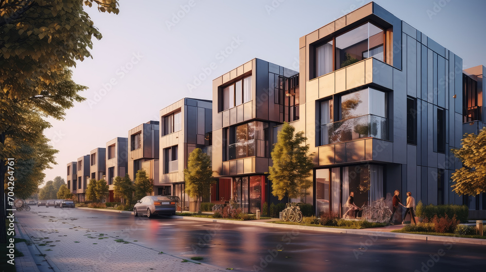 The modern living with this street view showcasing modular townhouses, blending contemporary design with residential architecture.