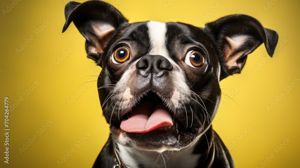  a small black and white dog with its tongue out looking at the camera with a smile on it's face.