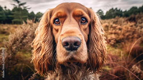  a close up of a dog's face with a field in the back ground and trees in the background.