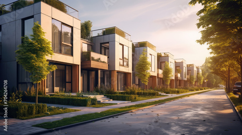 The modern living with this street view showcasing modular townhouses, blending contemporary design with residential architecture. © Mongkol