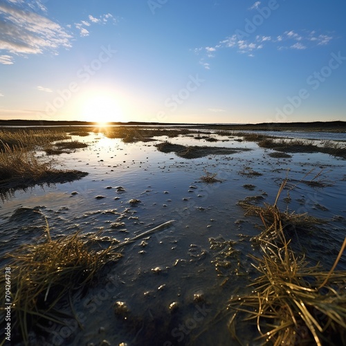sunset at low tide on a tidal flat