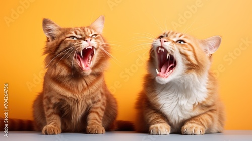  a couple of cats sitting on top of a table with their mouths open and one cat yawning and the other cat yawning.