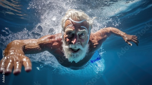  an old man swimming in the water with his swimming goggles on and his face partially obscured by the water's surface. photo