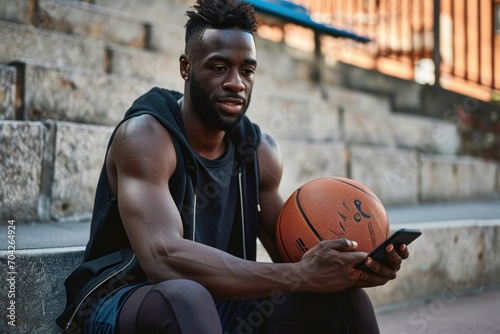 Fit sporty young African black ethnic man sitting outdoors holding basketball ball and mobile phone using apps, looking at smartphone, resting after street sport game, Generative AI  © Ashutosh