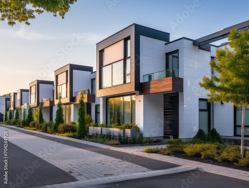 The beauty of modern modular townhouses  showcasing elegant residential architecture with a contemporary urban twist. Perfect for city living enthusiasts.