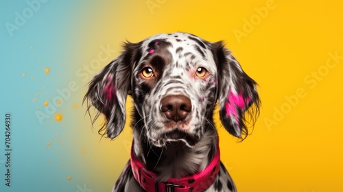  a black and white dog wearing a red collar and a pink collar on a yellow and blue and yellow background.
