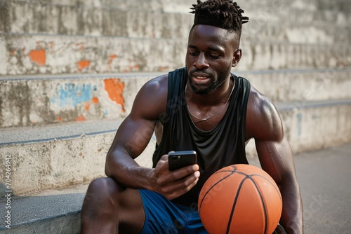 Fit sporty young African black ethnic man sitting outdoors holding basketball ball and mobile phone using apps, looking at smartphone, resting after street sport game, Generative AI 