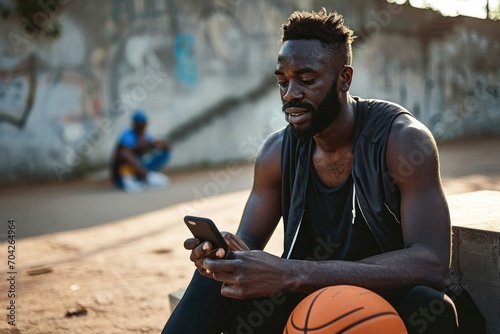 Fit sporty young African black ethnic man sitting outdoors holding basketball ball and mobile phone using apps, looking at smartphone, resting after street sport game, Generative AI 