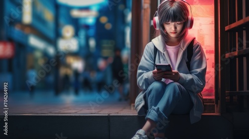  a girl sitting on a step with headphones on and looking at her cell phone in a city at night.