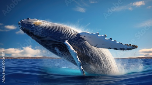  a humpback whale jumping out of the water with it's mouth open and it's tail sticking out of the water. © Jevjenijs
