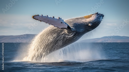  a humpback whale jumping out of the water with it's flups out of it's mouth.