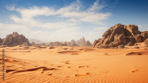  a desert scene with rocks and sand in the foreground and a blue sky with white clouds in the background.