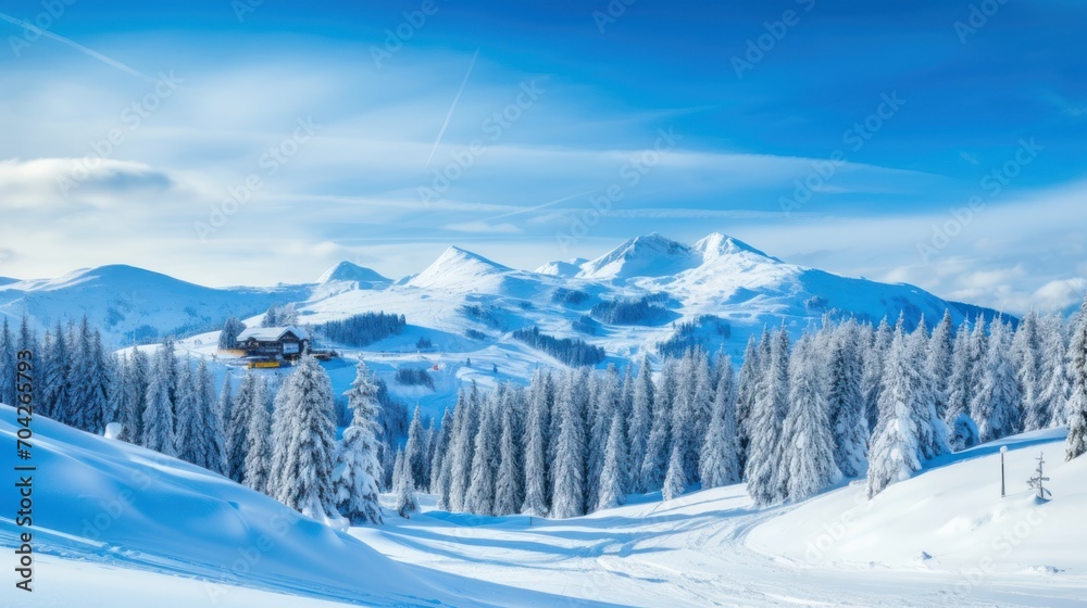  a snow covered mountain with a ski lift in the foreground and snow covered trees on the far side of the mountain.