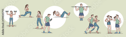 Couple doing various strength and aerobic exercises
