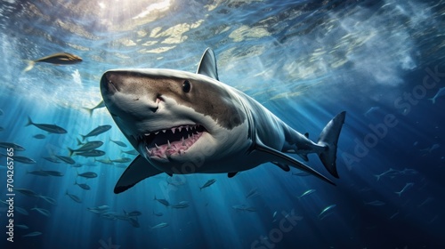  a great white shark swimming in the ocean with a lot of fish around it s neck and it s mouth open.