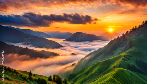 sunrise over the mountains with sea of fog