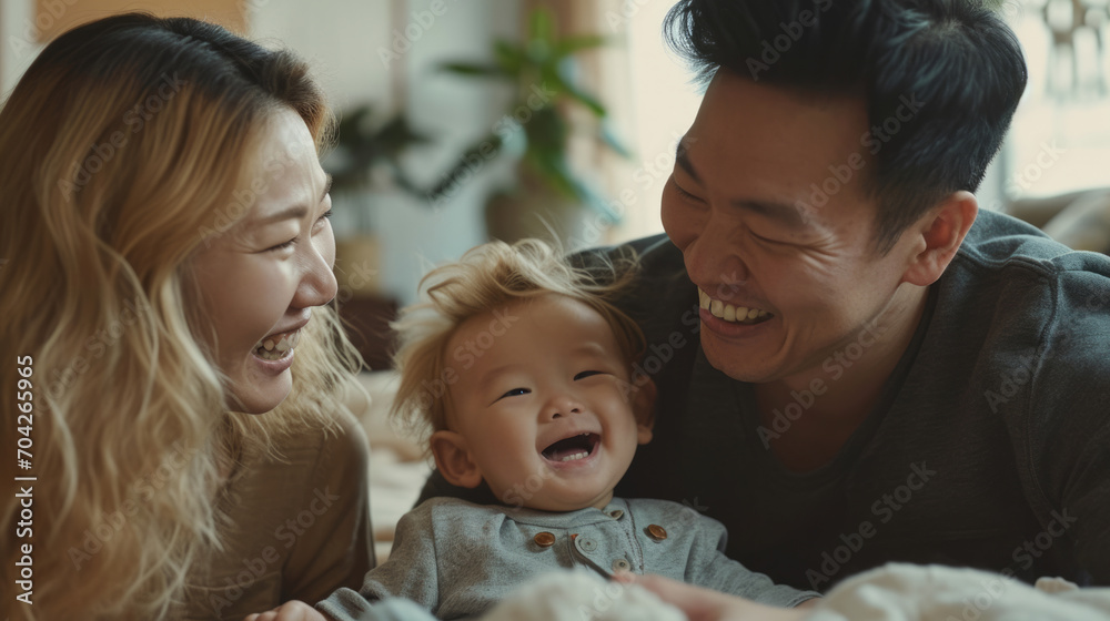 Portrait of a Korean family with parents and their young toddler kid at happy home Portrait of a Korean family with parents and their young toddler kid at happy home