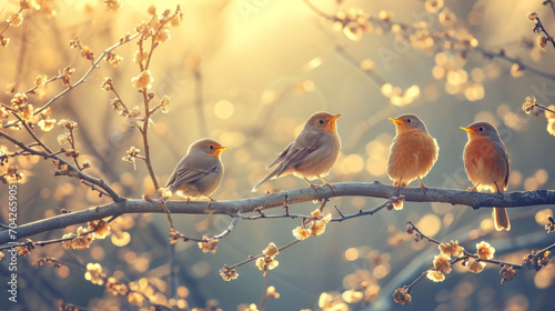Flock of birds are singing happily on the branches of a tree with spring flower blossoms and sun light , spring season background © Keitma