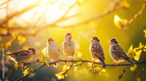 Flock of birds are singing happily on the branches of a tree with spring flower blossoms and sun light , spring season background © Keitma