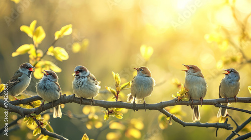 Flock of birds are singing happily on the branches of a tree with spring flower blossoms and sun light , spring season background photo