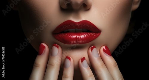  a close up of a woman s face with her hands on her face and red lipstick on her lips.