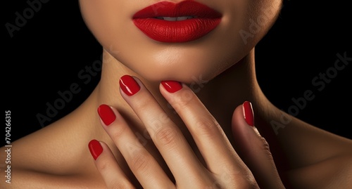  a close up of a woman's face with a red manicure on her nails and a ring on her finger.