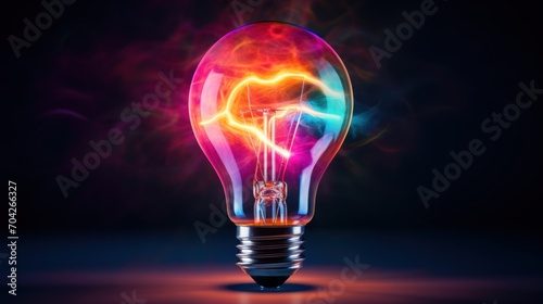  a light bulb with a colorful light inside of it on a dark background with smoke coming out of the bulb.