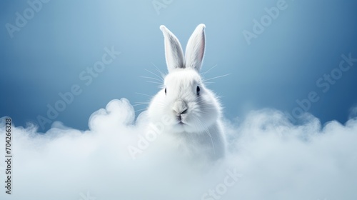  a white rabbit sitting in the middle of a cloud filled sky with a blue sky and white clouds behind it. © Jevjenijs