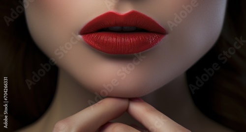  a close up of a woman's face with her hands on her chest and red lipstick on her lips.