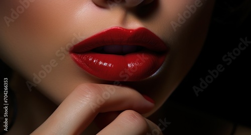  a close up of a woman's face with a red lipstick on her lips and a ring on her finger.