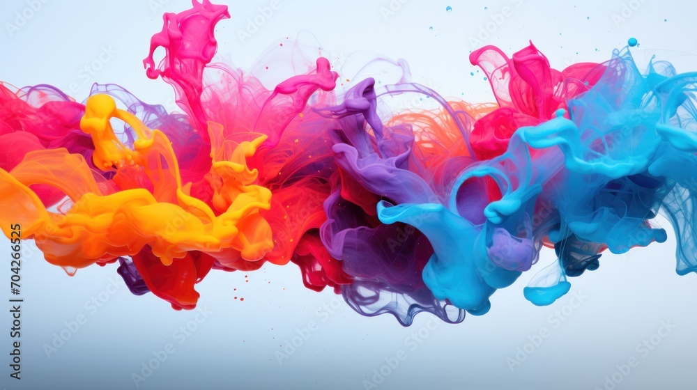  a group of multicolored inks floating in the air with a blue sky in the backround.