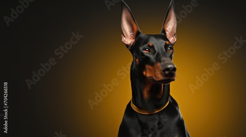  a black and brown dog with a yellow collar on a black and yellow background with a yellow spot in the middle of the picture.