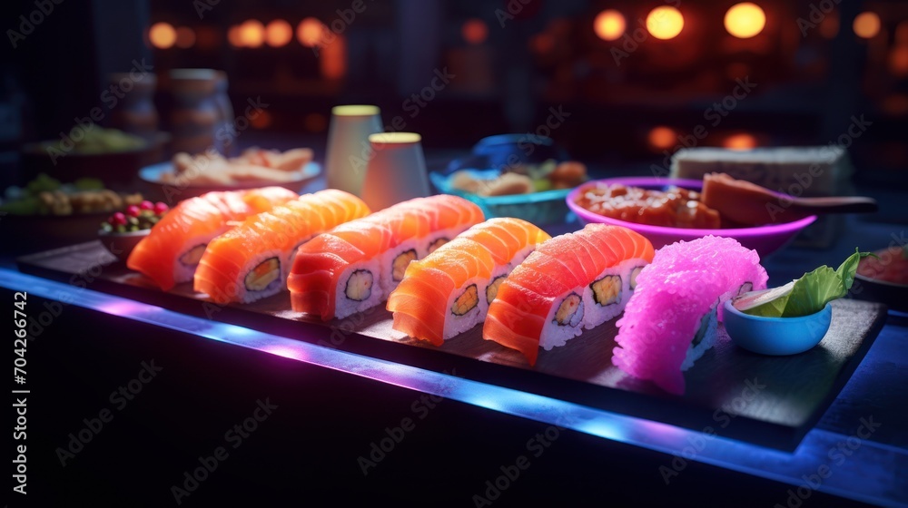  a close up of a plate of sushi with chopsticks and a bowl of sauce on the side. - obrazy, fototapety, plakaty 