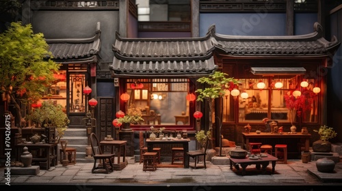  a courtyard with a table, chairs, and potted plants in front of a building with lanterns on the windows.
