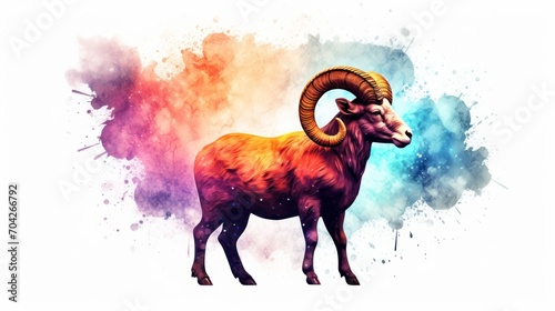  a watercolor painting of a ram standing in front of a multicolored cloud of smoke and smudges. photo