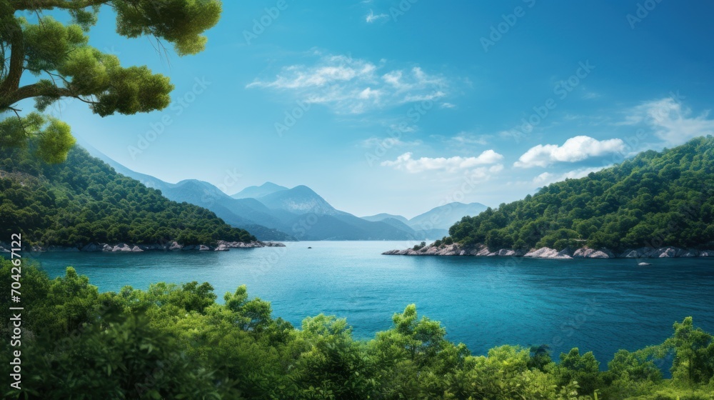  a large body of water surrounded by lush green trees and a mountain range in the distance with a few clouds in the sky.