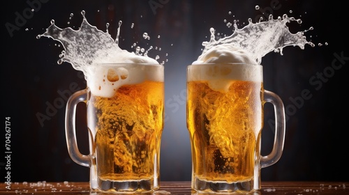 a close up of two mugs of beer with water splashing out of the top of the mugs.