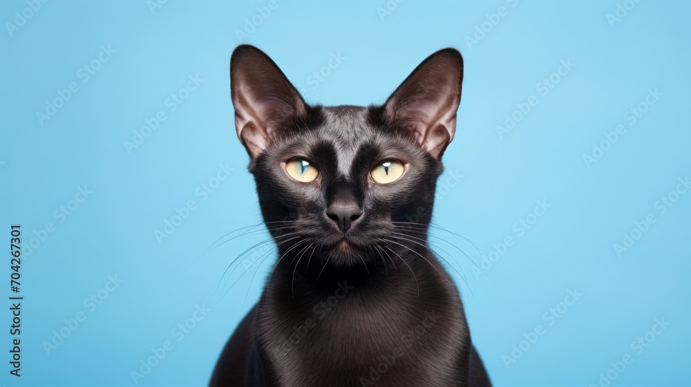  a black cat with yellow eyes looking at the camera with a serious look on its face, against a blue background.