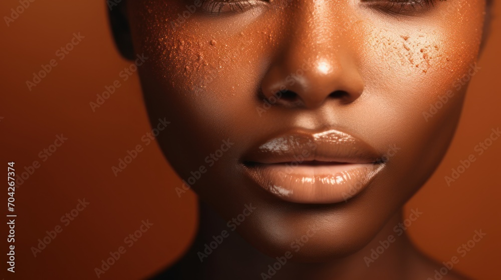 a close up of a woman's face with a lot of water on her face and a lot of dirt on her cheek. a close up of a woman's face with a lot of water on her face and a lot of dirt on her cheek.