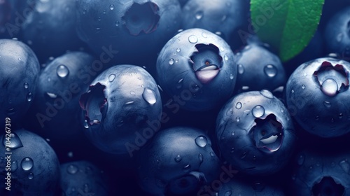  a close up of a bunch of blueberries with drops of water on them and a green leaf on top.