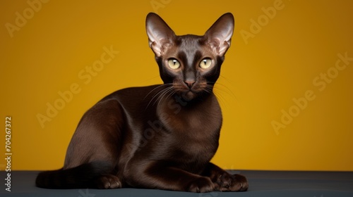  a close up of a cat sitting on a floor with a yellow background and a black cat with yellow eyes.