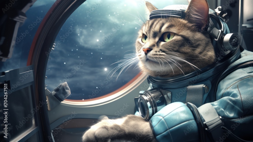 a close up of a cat in a space suit looking out the window of a space station with a planet in the background.
