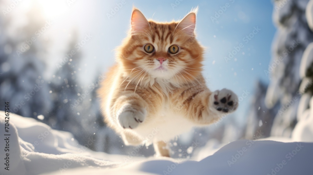  an orange and white cat in the snow with its paws in the air and it's front paws in the air.