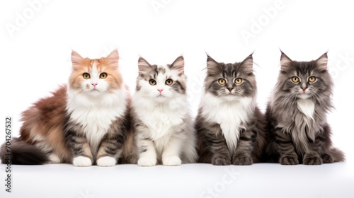  a group of cats sitting next to each other in front of a white background with one cat looking at the camera.