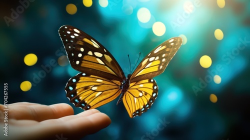  a hand holding a yellow butterfly in front of a blue and yellow blurry background with boke of lights.