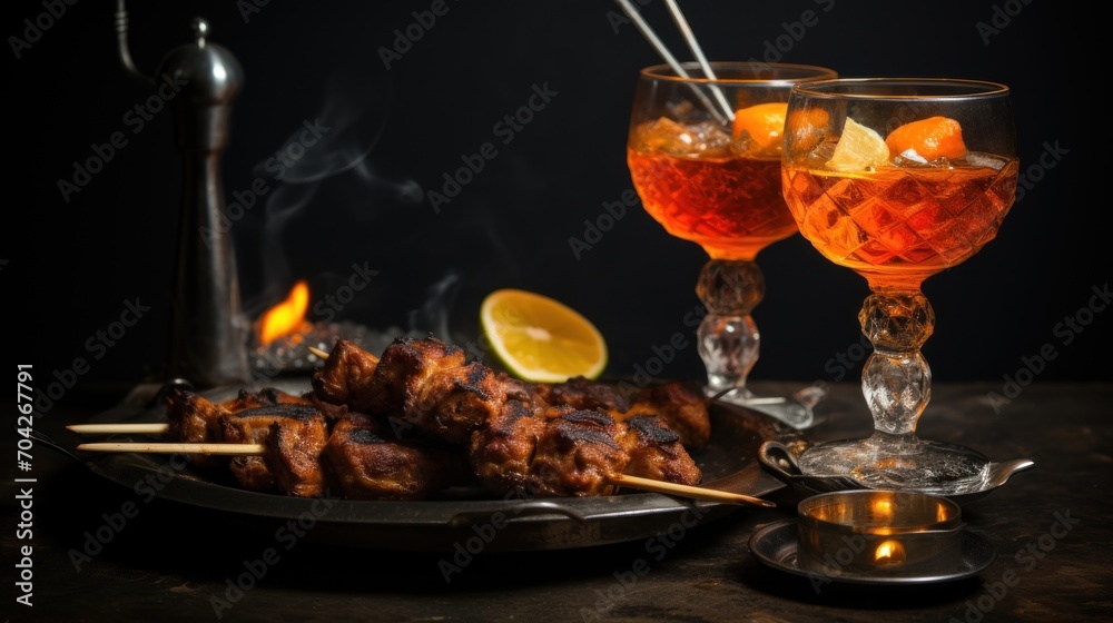 a plate of meat skewers next to a glass of wine and a cup of tea on a table. a plate of meat skewers next to a glass of wine and a cup of tea on a table.