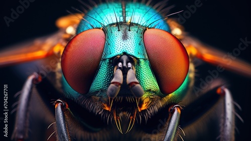  a close - up of a fly's head and legs with a blue, green, red, and orange color scheme. © Jevjenijs